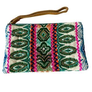 KATYDID Embroidered Beaded Wristlet Clutch Multicolor Bohemian Pattern Zipper